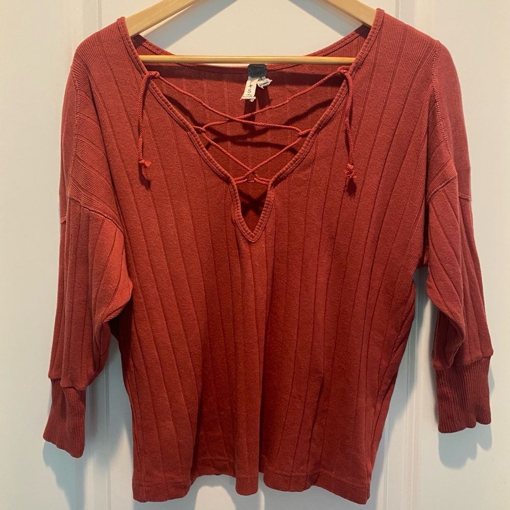 We The Free Free People Deep V Lace Up Ribbed Shirt Size Small Color Rust